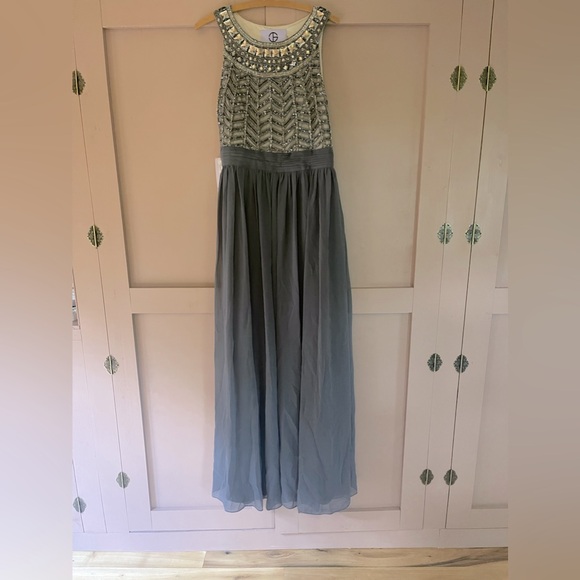 NWT JS Collections Beaded Illusion Neckline Pleated Gown Dress Gray Sz 14 $328 - Picture 1 of 7